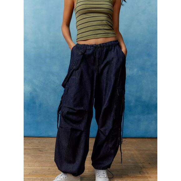 BDG Strappy Cargo Jean Dark Wash Size Medium Baggy Oversize Y2K - Picture 1 of 14